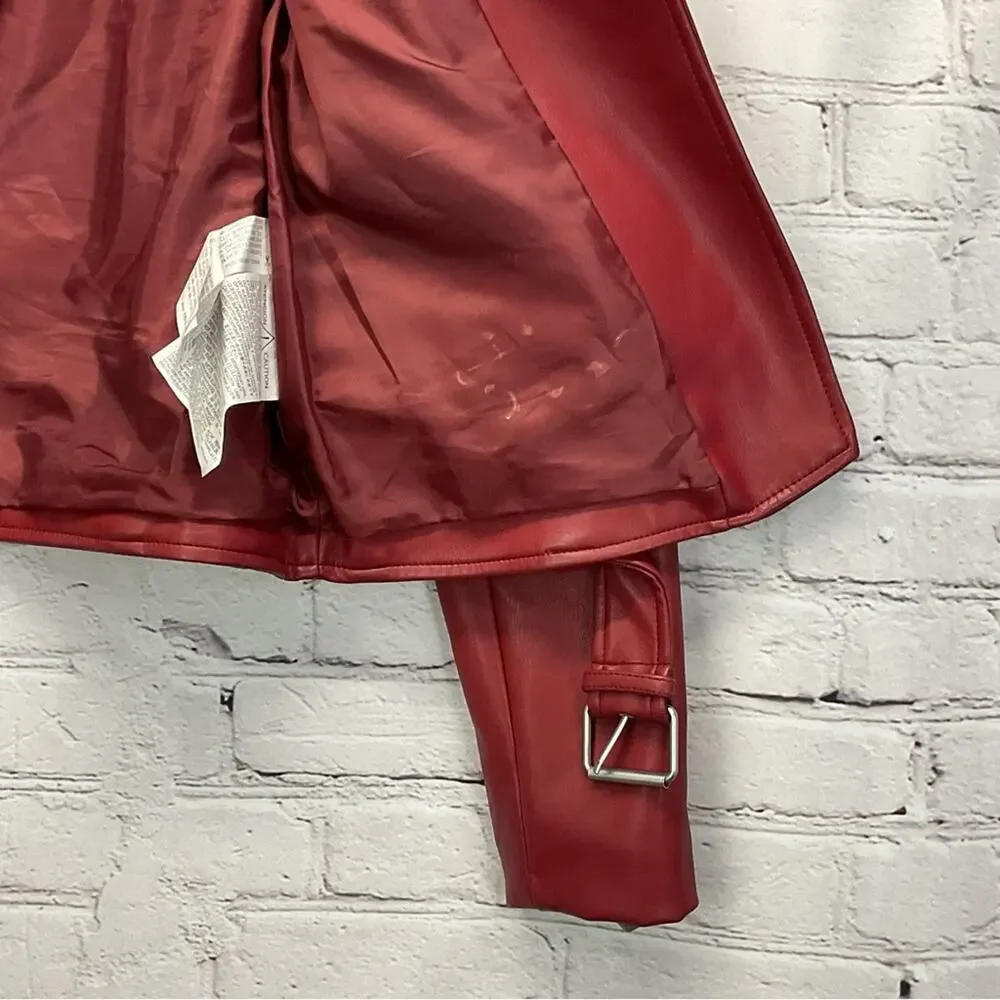 Zara Faux Leather Zip Moto Jacket Women's M Burgandy Belted Bikercore Pockets